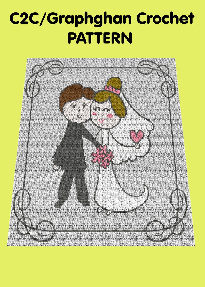 Puede incluir: Un patr&oacute;n de crochet C2C/Graphghan con una novia y un novio en un estilo de dibujos animados simple. El patr&oacute;n est&aacute; enmarcado con un borde decorativo.