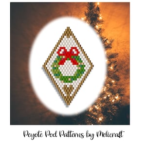 May include: A diamond-shaped peyote stitch beading pattern featuring a green wreath with a red bow. The pattern is on a white background with a brown border.