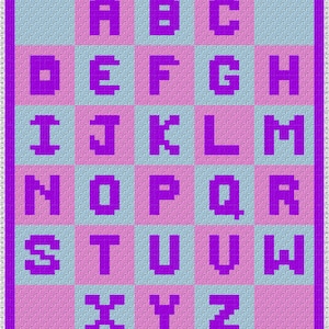 May include: A purple and pink alphabet blanket with a purple border. The letters A through Z are displayed in a grid pattern, with each letter in a bold, blocky font. The background alternates between light blue and pink squares.