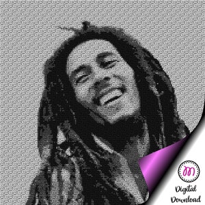 Puede incluir: Retrato pixelado en blanco y negro de Bob Marley sonriendo con sus rastas.