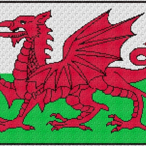 May include: The flag of Wales features a red dragon on a white background with a green field at the bottom.