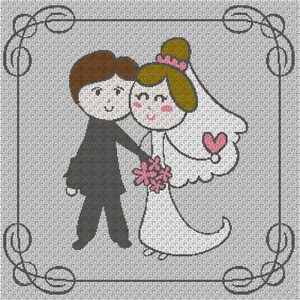 Puede incluir: Una ilustraci&oacute;n de dibujos animados de una novia y un novio en un marco blanco simple con un borde decorativo. La novia lleva un vestido blanco y un velo, y el novio lleva un traje negro. Est&aacute;n sosteniendo un ramo de flores y un coraz&oacute;n.