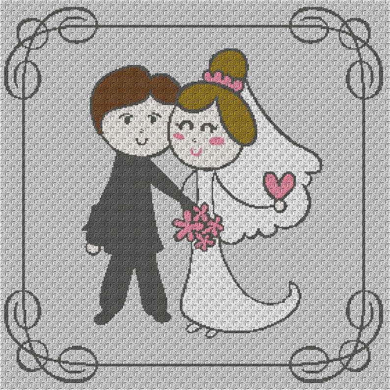 Puede incluir: Una ilustraci&oacute;n de dibujos animados de una novia y un novio en un marco blanco simple con un borde decorativo. La novia lleva un vestido blanco y un velo, y el novio lleva un traje negro. Est&aacute;n sosteniendo un ramo de flores y un coraz&oacute;n.