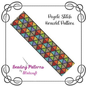 May include: A colorful peyote stitch bracelet pattern with a geometric design featuring triangles in shades of red, orange, yellow, green, blue, and purple. The pattern is set against a black background and includes the text "Peyote Stitch Bracelet Pattern" and "Beading Patterns by Melicraft".