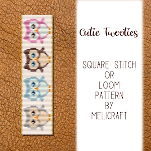 Op de afbeelding: Een kralen-bladwijzer met vier uilen in de kleuren roze, bruin, blauw en grijs. De bladwijzer heeft de tekst "Cutie Tooties" en "SQUARE STITCH OR LOOM PATTERN BY MELICRAFT".