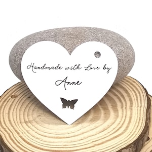 Etiquetas de coração personalizadas 'Feitas à mão com amor por...' para suas criações | Feito sob medida por | Crochê por | Tricotado por tags