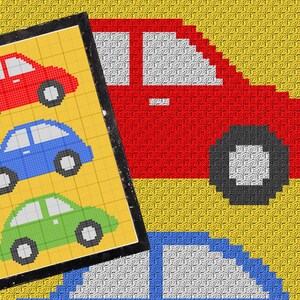 May include: A framed picture with three pixelated cars in a row. The cars are red, blue, and green. The background is yellow.