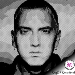 May include: Black and white pixelated portrait of a man with short hair. The image is made up of small squares.
