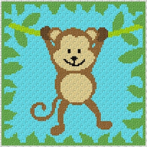 Könnte beinhalten: Ein brauner Affe mit gelbem Bauch hängt an einer grünen Rebe. Der Affe lächelt und hat einen eingerollten Schwanz. Der Hintergrund ist ein blaues und grünes Muster.