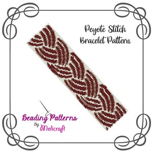 Peut inclure: Modèle de bracelet en point de peyote par Melicraft. Un motif de bracelet en perles avec un design brun et blanc.