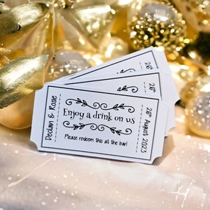 Fichas estilo boleto "Bebida gratis" para bodas: 3 diseños para elegir, 25 fichas por paquete