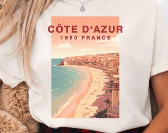 コートダジュール 1980 フランス コンフォートカラーズ Tシャツ、フレンチリビエラ シャツ、サントロペ フランス Tシャツ、80年代レトロスタイル、オールドマネー美学