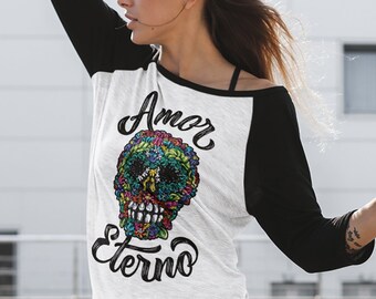 T-shirt met lange mouwen "Amor Eterno" Raglan, honkbal-T-shirt, calavera, suikerschedel, glazuur