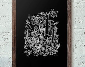 Vleesetende plant Art Print, fantasiebotanische illustratie, donkere magische scène