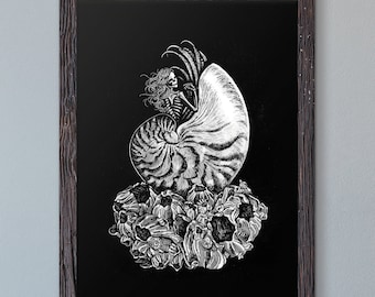 Kunstprint "Nautilus", zeemeermin en schelpen, originele fantasieillustratie, inkt en gemengde techniek