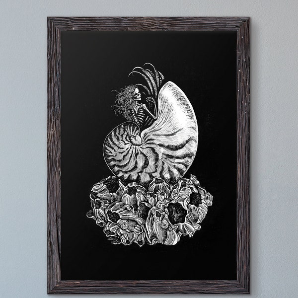 Art print "Nautilus", mermaid and seashells, original fantasy illustration, ink and mixed media