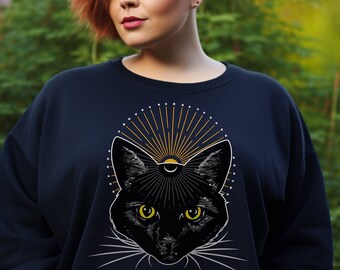 Mystical Art Deco Void Kitty Black Cat Celestial Illustration-sweater, versie met witte bakkebaarden