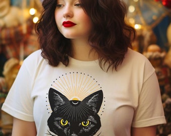 T-shirt Mystical Art Deco Void Kitty Black Cat Celestial Illustration, versie met zwarte bakkebaarden