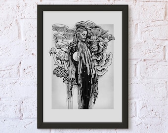 Paddenstoel middernacht Art Print, donkere fantasie illustratie (A4)