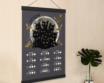 CLEARANCE: 2024 Lunar Calendar "Void Kitty" dark version, 12"x18" art print with magnetic frame, black cats moths full moon phases