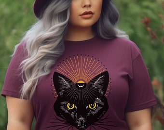 Mystical Art Deco Void Kitty Black Cat Celestial Illustration teeshirt, black whisker version