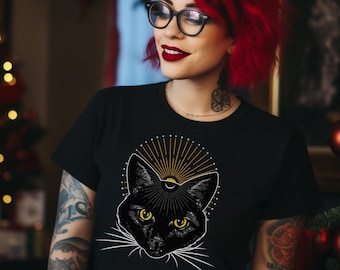T-shirt Mystical Void Kitty Black Cat Art Deco Celestial Illustration, versie met witte snor