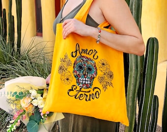 Tote bag "Amor Eterno", screen printed, Dia de los Muertos sugar skull