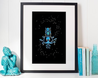 Art print "Tiny Squid", limited run, signed and numbered, matted, original colored pencil drawing