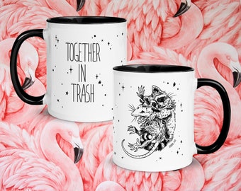 Ceramic mug "Together In Trash", Raccoon and Opossum, collectible mug