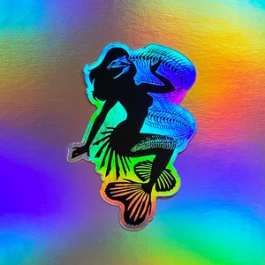 Lionfish Mermaid and Eel skeleton holographic vinyl sticker, decal, waterproof diecut, for laptop, tablet, phone case, water bottle, car