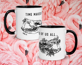 Ceramic mug "Time Makes Fools of Us All", opossum skull with moss