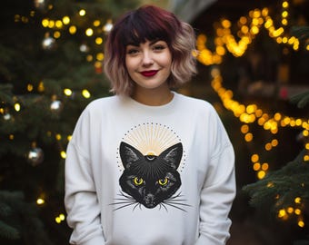 Mystical Art Deco Void Kitty-sweater Black Cat Celestial Illustration, versie met zwarte bakkebaarden