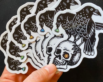 Ravens on Skull Holographic Sticker, Tattoo Style Vinyl Decal