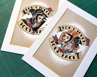 Art print set, "Don't Touch Your Face", American Traditional Tattoo style original illustration