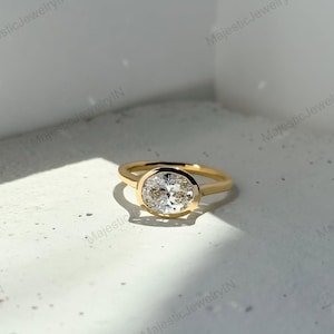 Oval Moissanite Engagement Ring, Bezel 14k Gold Solitaire Ring