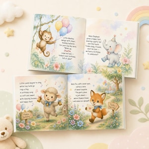 May include: Two open children's storybooks featuring watercolor illustrations of a monkey with balloons, an elephant in a party hat, a singing lamb with bells, and a fox carrying a note. The pages contain printed text about a birthday celebration.