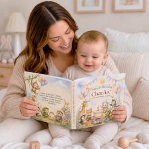 May include: A personalized children's storybook titled Happy 1st Birthday, Charlie! A Baby Animal Birthday Adventure, featuring colorful illustrations of a monkey, giraffe, elephant, and zebra with balloons, party hats, and a birthday cake.