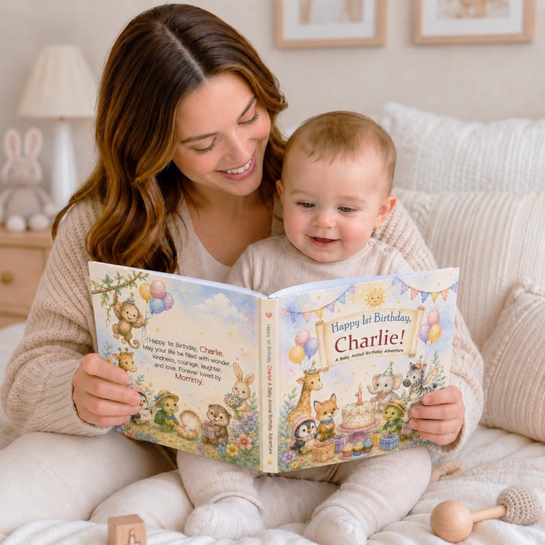 May include: A personalized children's storybook titled Happy 1st Birthday, Charlie! A Baby Animal Birthday Adventure, featuring colorful illustrations of a monkey, giraffe, elephant, and zebra with balloons, party hats, and a birthday cake.
