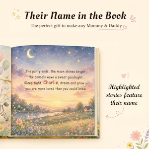 May include: A personalized children's book open to a page with a nighttime landscape illustration featuring a crescent moon, stars, and fireflies. The text reads: The party ends, the moon shines bright, the animals wave a sweet goodnight. Sleep tight, Charlie, dream and grow &mdash; you are more loved than you could know.