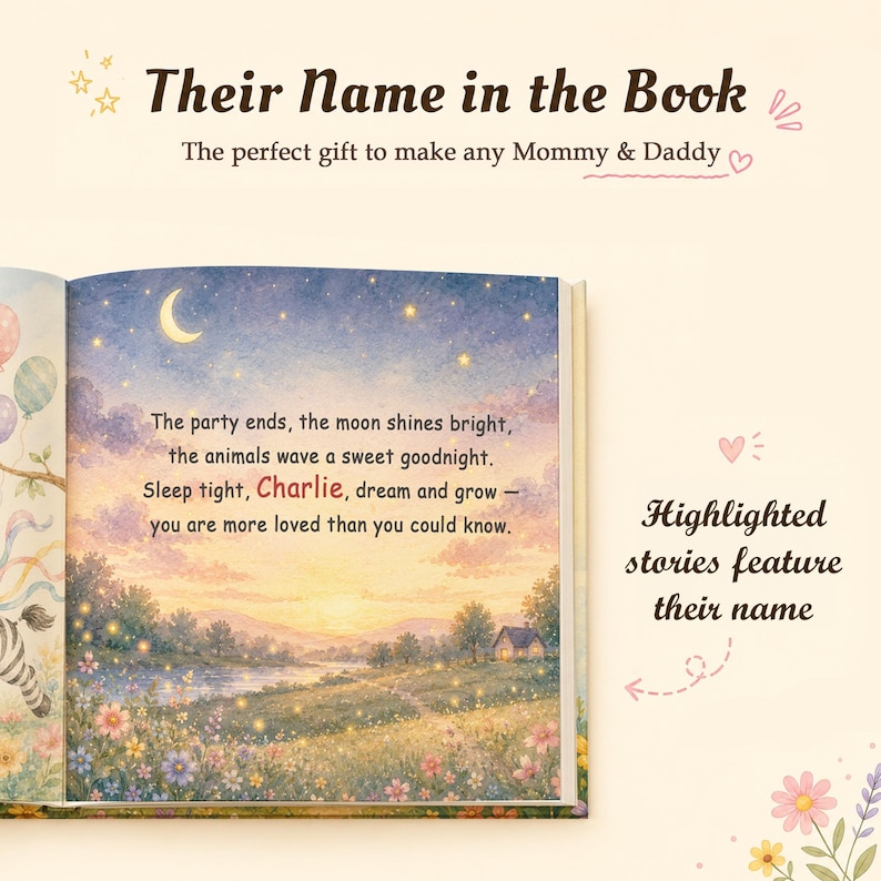 May include: A personalized children's book open to a page with a nighttime landscape illustration featuring a crescent moon, stars, and fireflies. The text reads: The party ends, the moon shines bright, the animals wave a sweet goodnight. Sleep tight, Charlie, dream and grow &mdash; you are more loved than you could know.