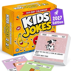 May include: A 365-day Kids Jokes 2027 calendar box set with a yellow background, featuring a cartoon banana and red character. The calendar pages show dates like January 1st, 2027, with a cow illustration and the joke: What do you call a cow on January 1st? A happy moo year!