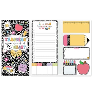 May include: A stationery set with a black and white composition notebook design. The set includes a notepad with a to-do list, sticky notes, a ruler, a pencil, and an apple-shaped sticky note. The notebook reads "Teaching is a work of heart."