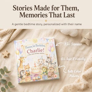 May include: A personalized children's book titled Happy 1st Birthday, Charlie! A Baby Animal Birthday Adventure, featuring illustrations of a giraffe, fox, penguin, elephant, zebra, turtle, and otter with a birthday cake, balloons, and gifts.