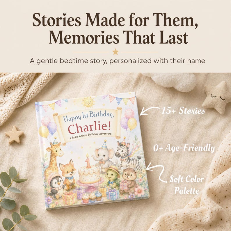 May include: A personalized children's book titled Happy 1st Birthday, Charlie! A Baby Animal Birthday Adventure, featuring illustrations of a giraffe, fox, penguin, elephant, zebra, turtle, and otter with a birthday cake, balloons, and gifts.