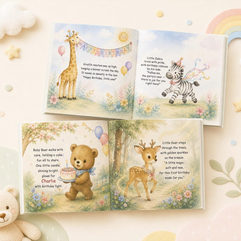 May include: Two open children's storybooks featuring watercolor illustrations of a giraffe, zebra, bear, and deer. The pages contain text about birthdays, including the name Charlie, with colorful balloons, flowers, and party banners in soft pastel tones.