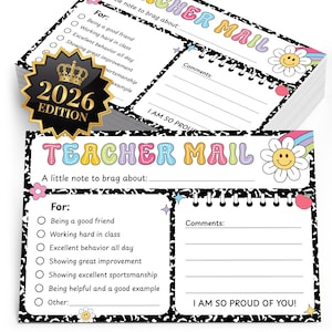 May include: A stack of "Teacher Mail" cards with a black and white composition notebook paper design. The cards feature the text "Teacher Mail" in colorful bubble letters, a checklist, and space for comments. A gold "2026 Edition" seal is visible.