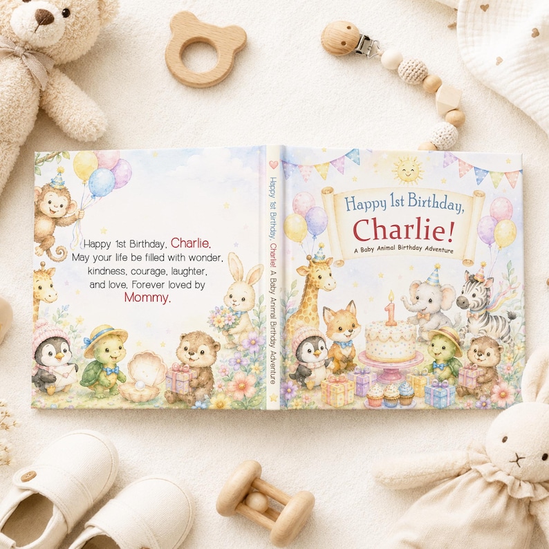 May include: A hardcover children's book titled Happy 1st Birthday, Charlie! A Baby Animal Birthday Adventure. The cover features watercolor illustrations of a giraffe, fox, elephant, zebra, penguin, turtle, and otter with birthday cake and gifts.