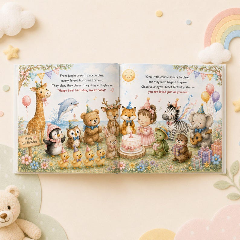 May include: An open children's book featuring a colorful illustration of a giraffe, dolphin, penguin, owl, bear, deer, fox, child, turtle, zebra, elephant, and ducklings at a birthday party with a cake, balloons, and text about a first birthday.