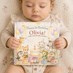 May include: A hardcover children's book titled Happy 1st Birthday, Olivia! A Baby Animal Birthday Adventure. The cover features a central birthday cake with a number one candle, surrounded by illustrated animals including a giraffe, fox, penguin, elephant, zebra, turtle, and otter, all wearing party hats and holding gifts.