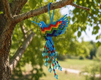 Handmade Beaded Bird Ornament Hummingbird, Colorful Hanging Decor, Window Ornament, Garden Accent, Boho Home Decor, Unique Nature Gift